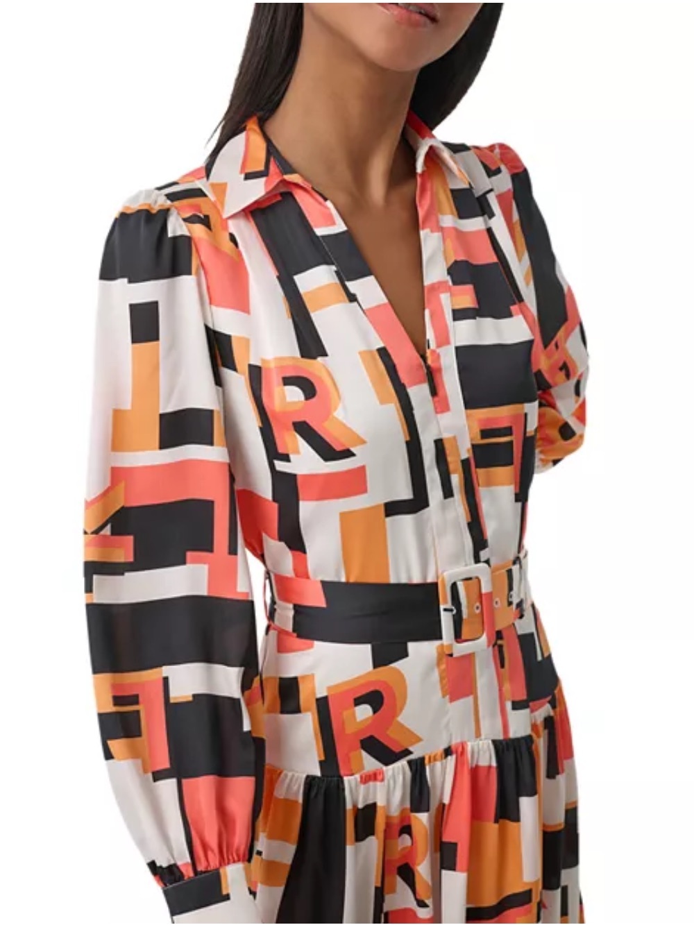 NWT Karl Lagerfeld Paris Geometric Print Long-Sleeve Satin Dress - Picture 2 of 8